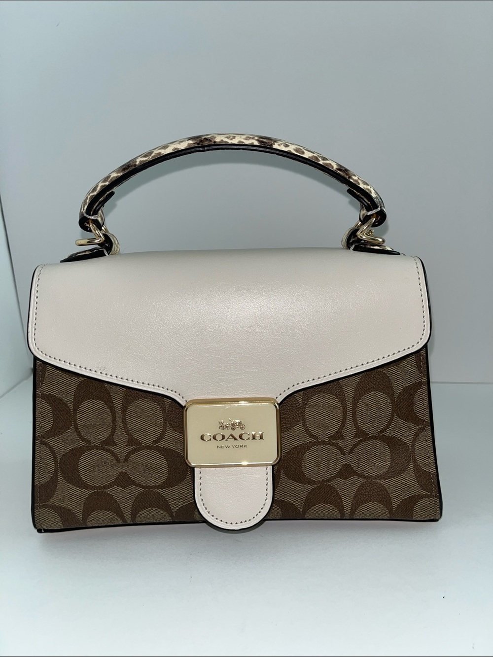 Coach Brown Signature Canvas Satchel with Cream Leather Flap